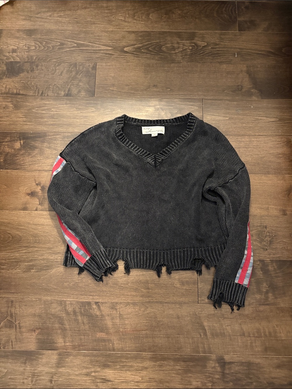 Vintage Havana Black V-Neck Sweater with Pink and Tan Sleeve Stripes